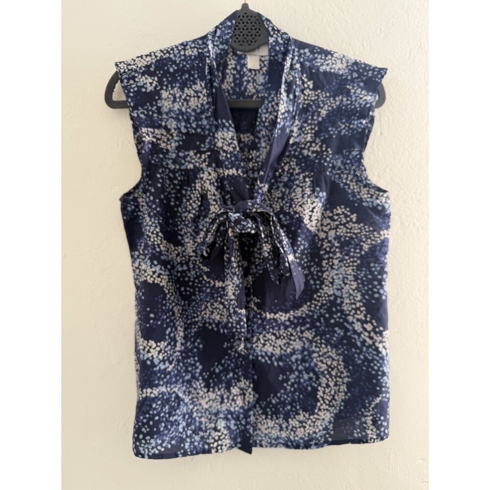 LOFT Ann Taylor Navy Blue Silk Blend Tie Neck Blouse Sleeveless Top Women S